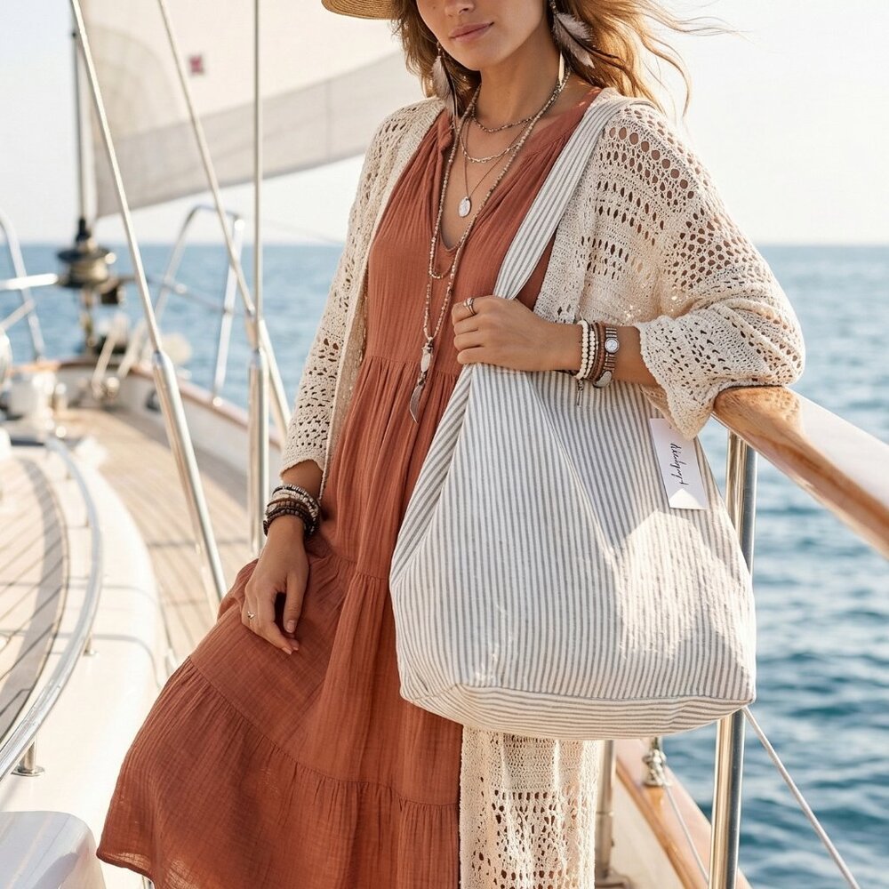NWT $228  The Beach People Australia Striped black white XXL square Tote Bag